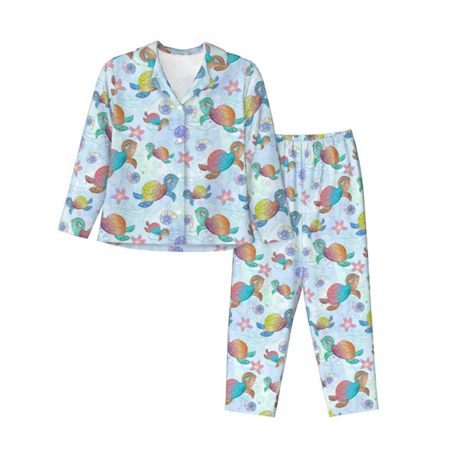 Balery Colorful Sea Turtle Conjunto de Pijama con Estampado para Mujer, Conjunto de Dos Piezas con Manga Larga, Ropa de Dormir Suave con Bolsillos, Pijamas Cómodos-XX-Large