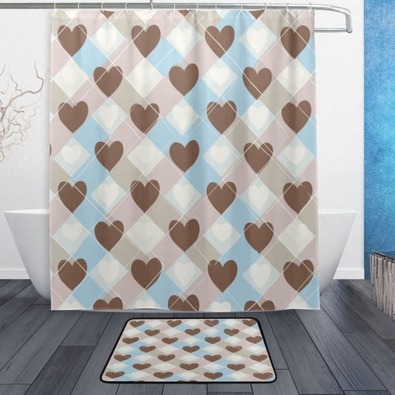 TTYFWHD 60" x 72" Shower Curtain and Bath Mat Set Neutral Brown Blue Heart Print Waterproof Bathroom Curtain with 12 Hooks, Bathroom Decor Set