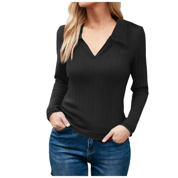 ZHYou Womens Classic Collar V Neck Long Sleeve Tops,Slim Fit,Stretchy Basic Knitted Shirts,Black,Size L