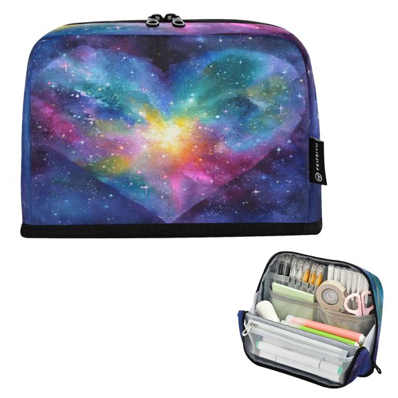 Pencil Bag with Magnetic Foldable Base Large Capacity Stand-Up Pencil Case Durable Nylon Pen Pouch Heart with Galaxy Background