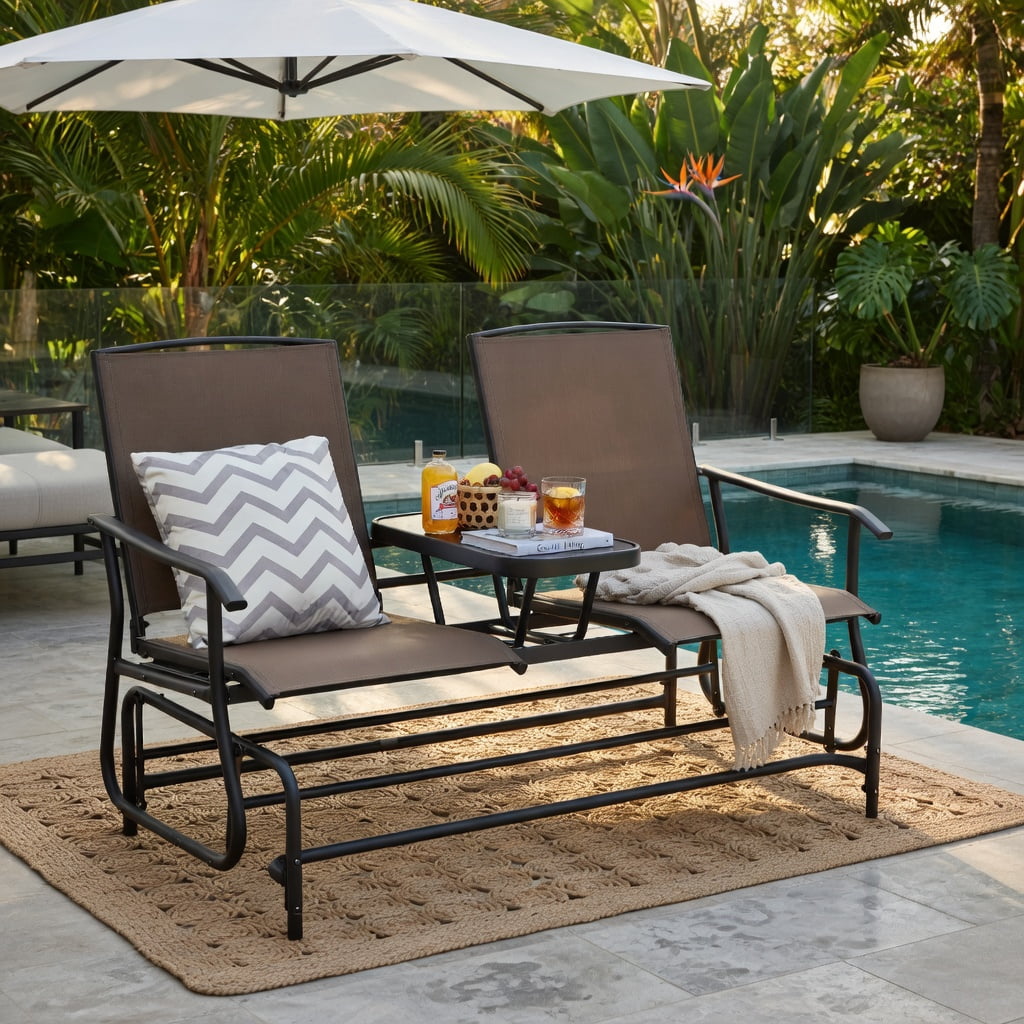 Hommoo 2-Person Outdoor Rocking Loveseat with Tempered Glass Center Table, Steel Frame Seating for Patio, Lawn & Garden, Brown