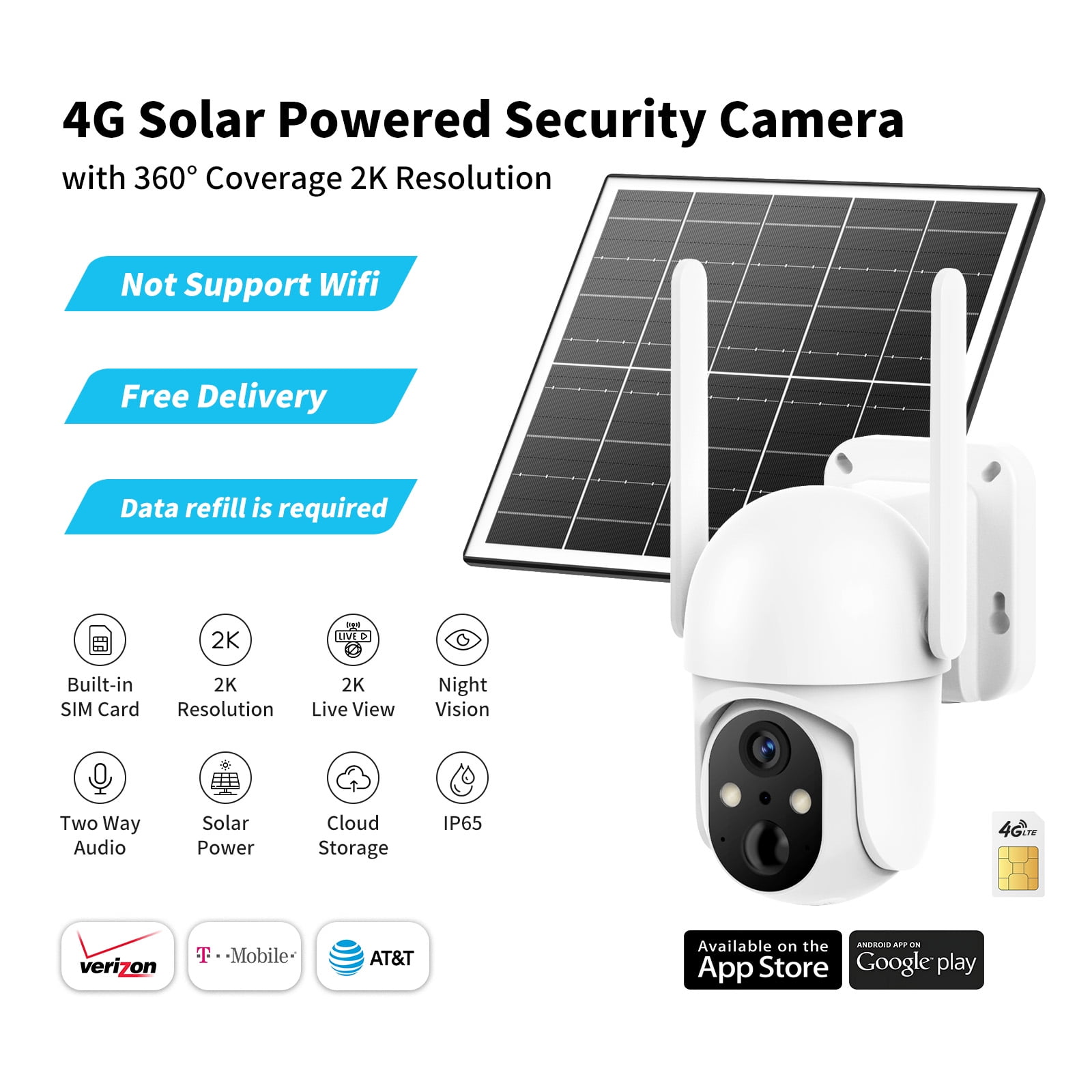 Conico 4G LTE Cellular Solar Security Camera Outdoor, 2K PTZ Wireless Security Camera with SIM Card, No WiFi Needed, AI Human Detection, Color Night Vision, 360° View