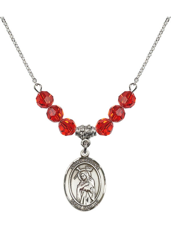 Bonyak Jewelry 18 Inch Rhodium Plated Necklace w/ 6mm Red July Birth Month Stone Beads and Saint Regina Charm 