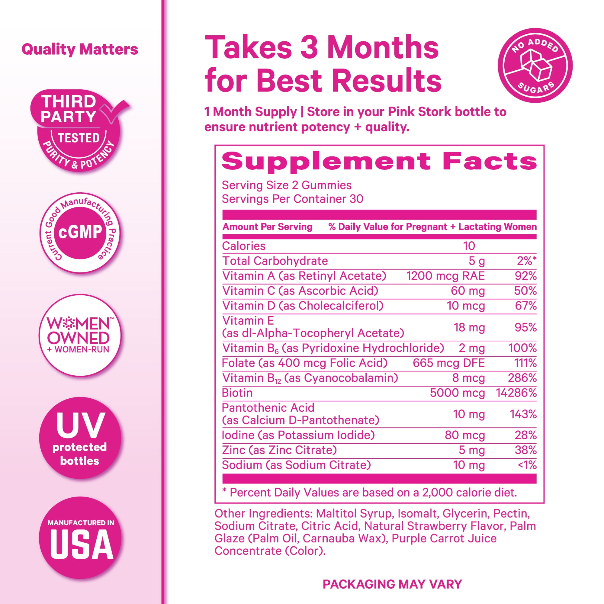 Pink Stork Postpartum Hair Loss Gummies, Biotin Hair Skin + Nails Vitamins, 60 Count