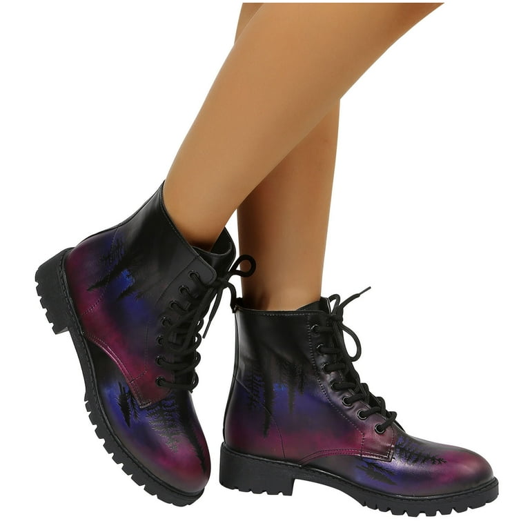 FITORON Ankle Boots for Women Men Boots Retro Flat Bottom Shoes Printed Boots Plus Lace Up Boots Purple 42 Walmart