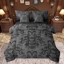 jejeloiu Rustic Victorian Floral 7-Piece Bedding Comforter Set,Wild Dragonfly King Bedding Sets,Black Damask Baroque Bed Sheets For Teens,Breathable Home Decor Reversible