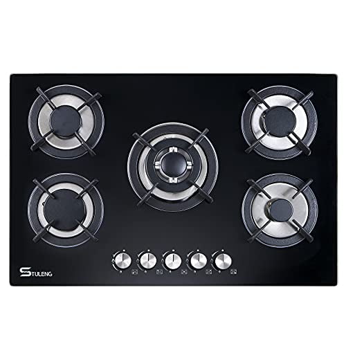 34 Cooktops Gas Cooktop inches Tempered Glass Built in Gas Stove 5 Burners Gas Stoves Cooktop Stove Burner Cast Iron Grate Stove-Top LPG/NG Dual Fuel Thermocouple Protection and Easy to Cle 