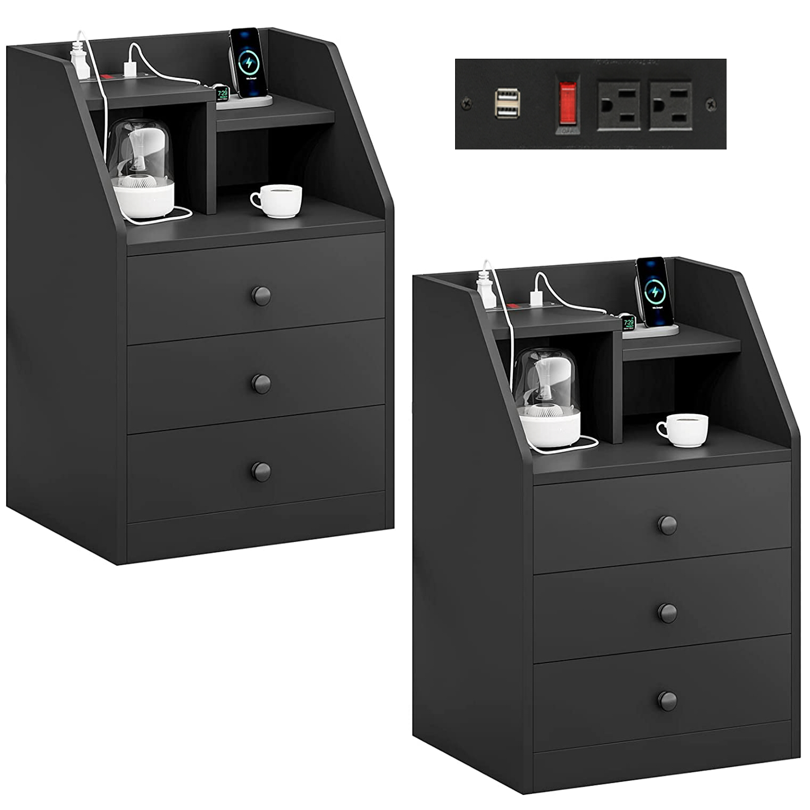 Black Nightstand Set of 2 with Charging Station&3 Drawers for Bedroom, Modern Bedside Table for