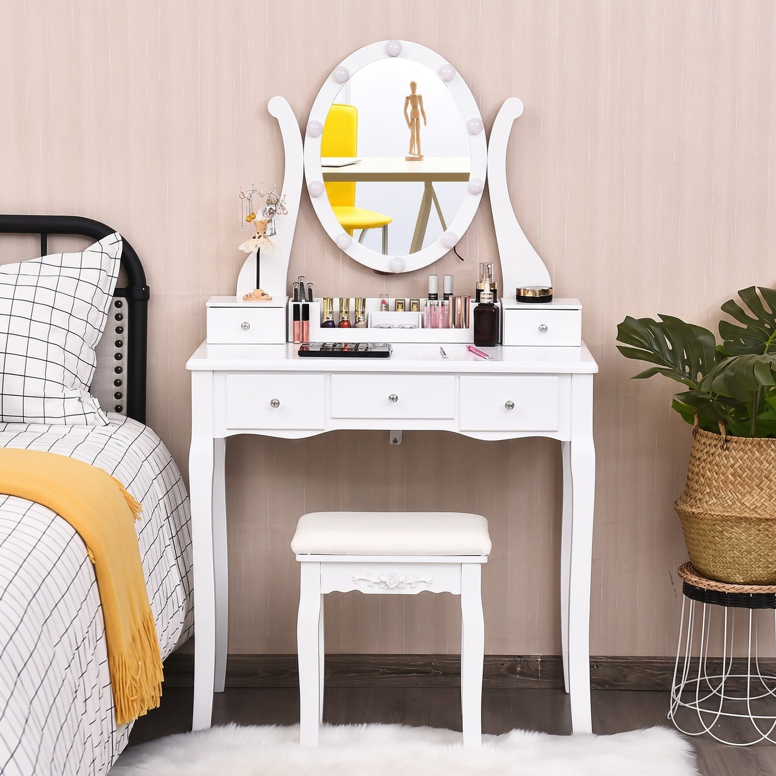 Furnibear Vanity Table Set with 10 Dimmable Light Oval Mirror and Cushioned Stool and 5 Drawers for Bedroom Makeup and Dressing, White