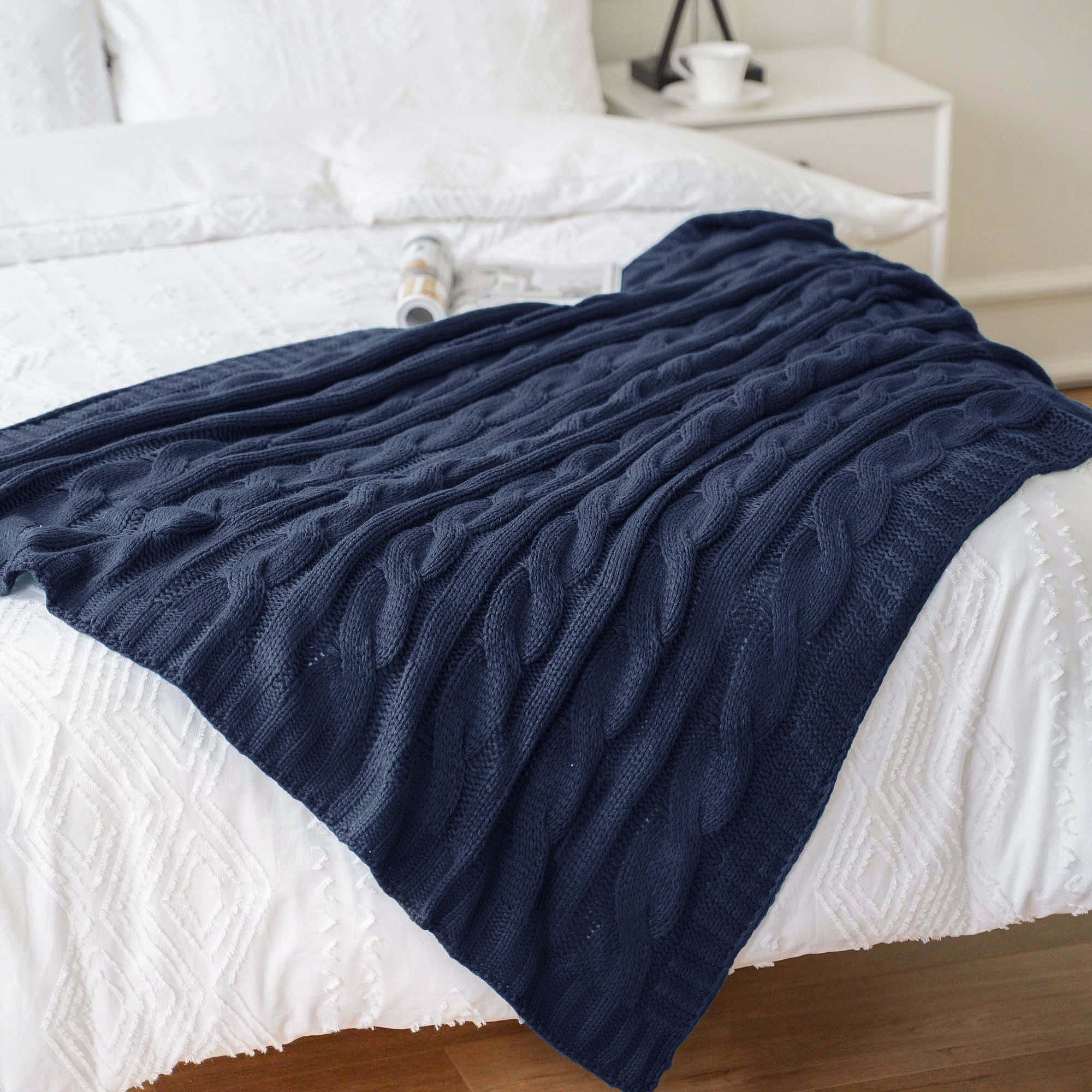 Battilo Navy Cable Knit Blankets,Herringbone Cozy Decorative Knitted Throw,Housewarming Gifts,50"x60"