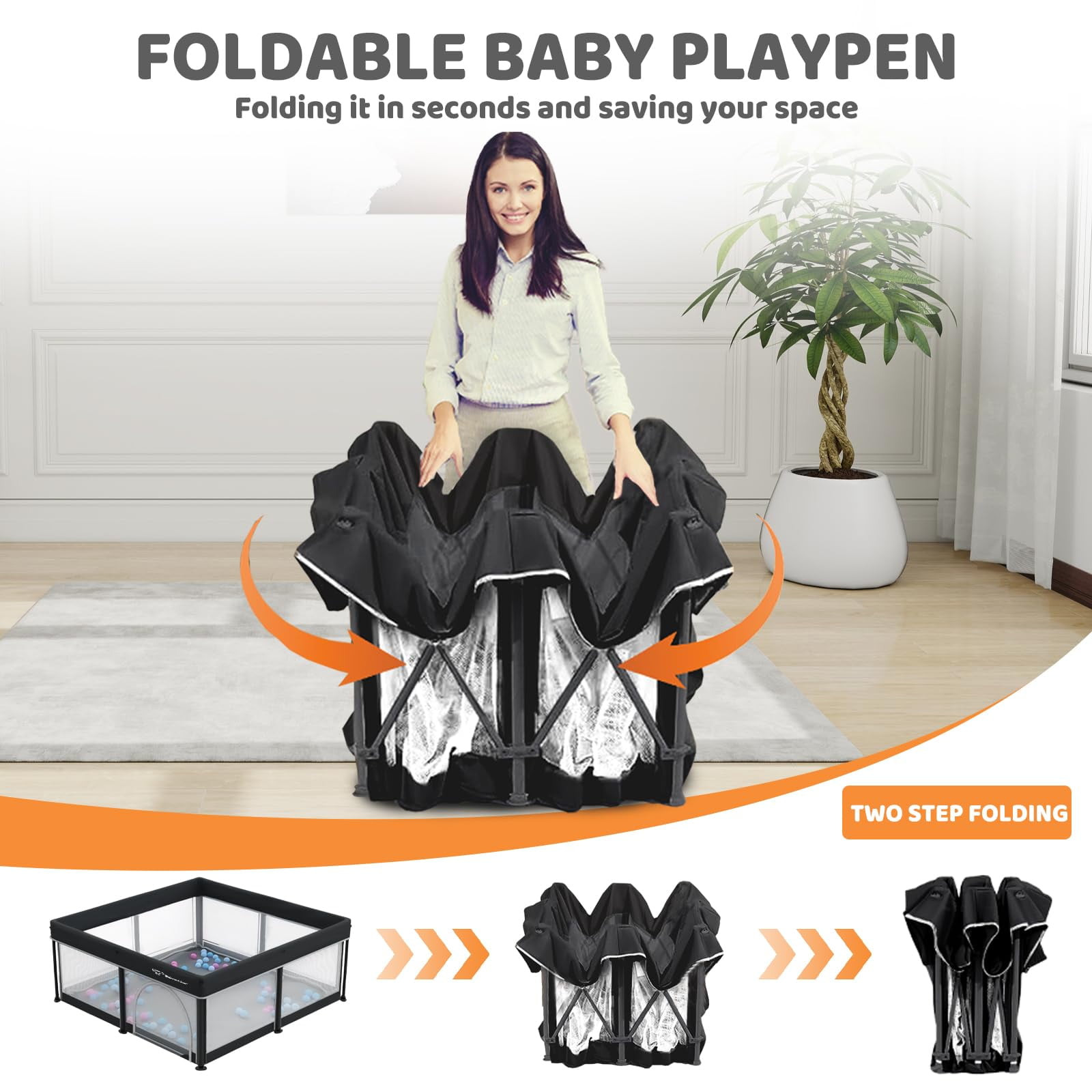 Foldable Baby Playpen with Mat, Collapsible Play Pen for Babies and Toddlers, Indoor & Outdoor Kids Safety Play Pen, Portable Play Yard with 50 Ocean Balls, 50"×50", Black