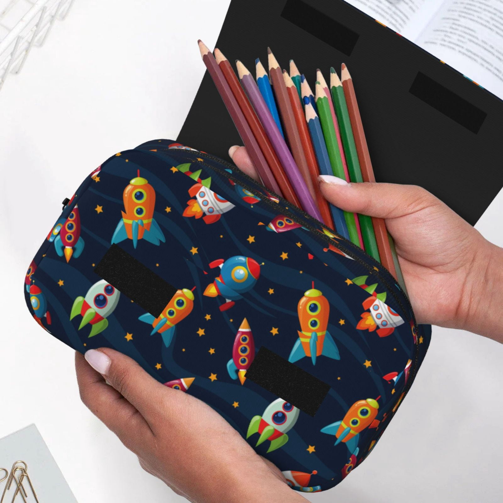 Rateoe Spaceships and Stars Pattern Double Clamshell Pen Case, Storage Organizer with Two Zipper Compartments– Holds Up to 50 Pencils & Pens