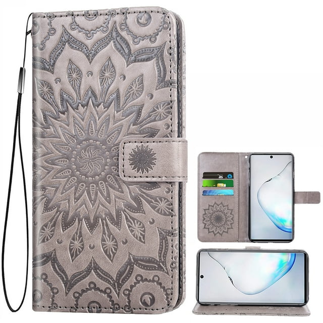 Galaxy Note 10 Case, Genuine Leather Note 10 Wallet Flip Cover Case with Credit Card Slots, Magnetic Closure, Stand, Shock Absorbing Case Compatible with Note 10 - Black