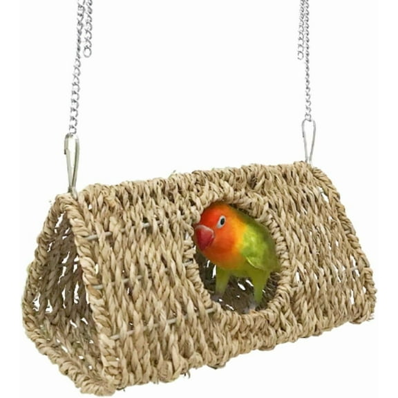 Seagrass Bird Triangle House Sea Grass Tent Parrot Tunnel with Hole Natural Hanging Hammock Swing Nest Bird Snuggle Hut Toy for Hamster Lovebird Budgie Conure Cockatiel (Small)