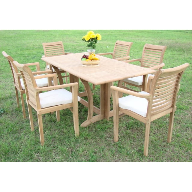 Teak Dining Set:6 Seater 7 Pc - 69" Warwick Dining Rectangle Table And 6 Mas Stacking Arm Chairs Outdoor Patio Grade-A Teak Wood WholesaleTeak #WMDSMS6