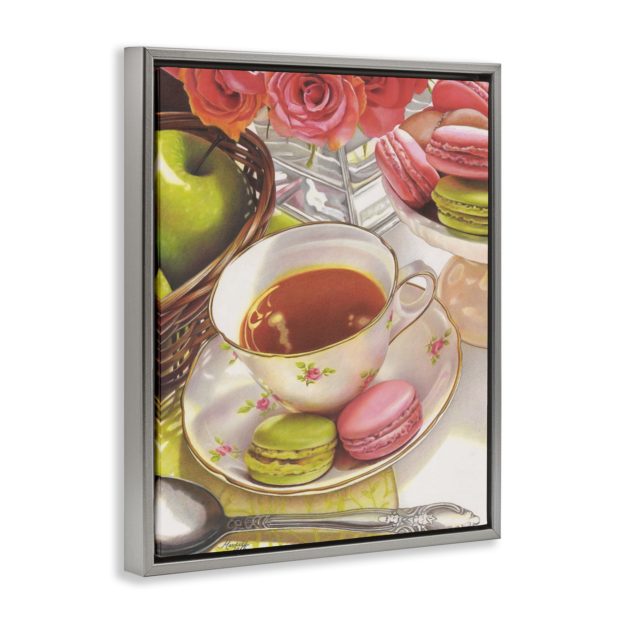 Stupell Industries Tea with Macarons Food & Beverage Painting Gray Floater Framed Art Print Wall Art, 17 x 21