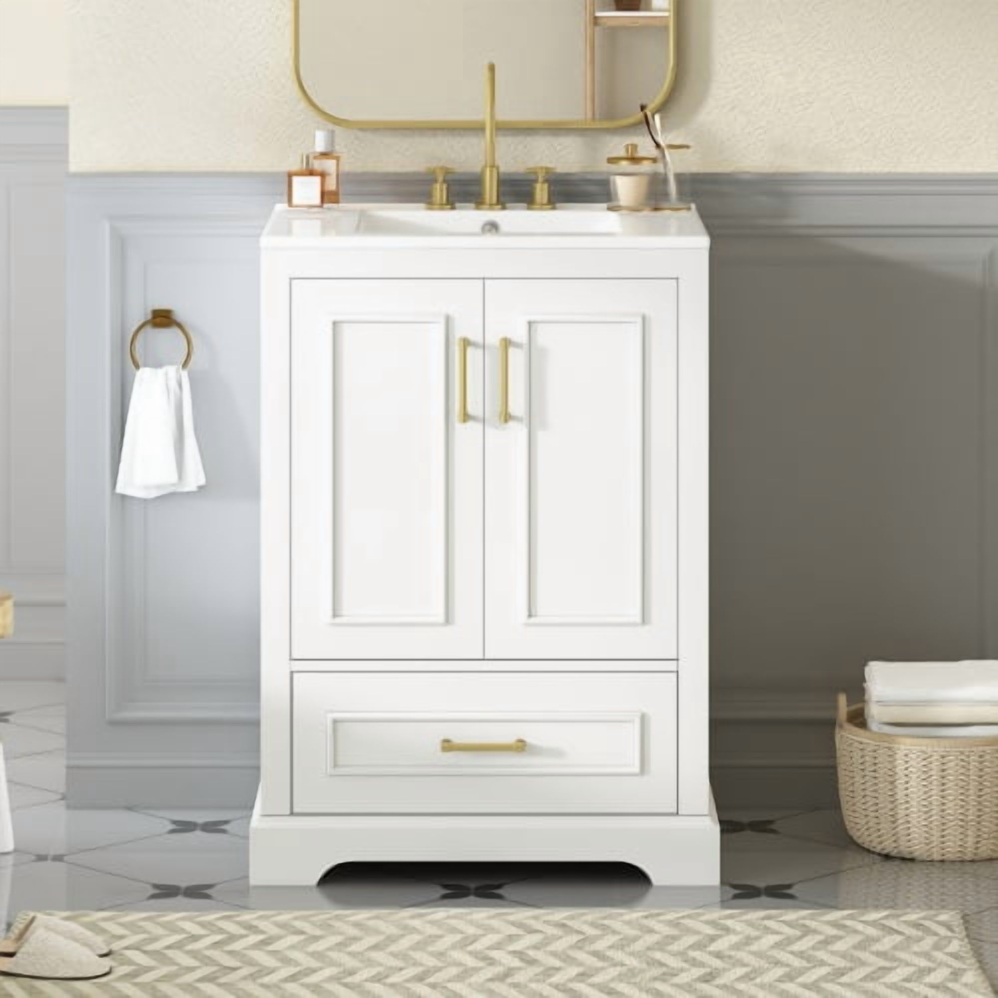 24 Inch Bathroom Vanity with Sink, Modern Freestanding Cabinet with Soft Close Doors and Ceramic Basin for Bathroom Storage, White