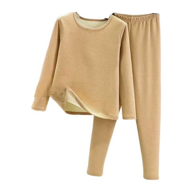 Guardurnaity Conjunto de ropa interior térmica para mujer Clima frío Cómodo Terciopelo Calzoncillos largos Traje Color sólido Manga completa Ropa interior Café Claro XL
