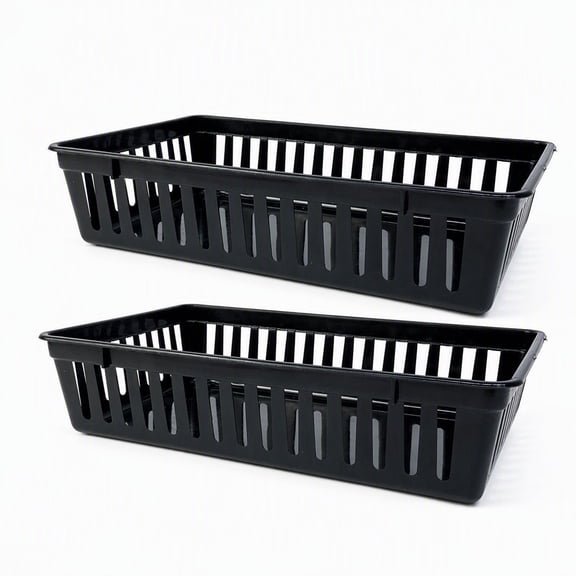 YEMNPIOS 2 Pcs Plastic Storage Baskets 10.2x6.5x2.4 Inch Black Organizer Tray for Home Office