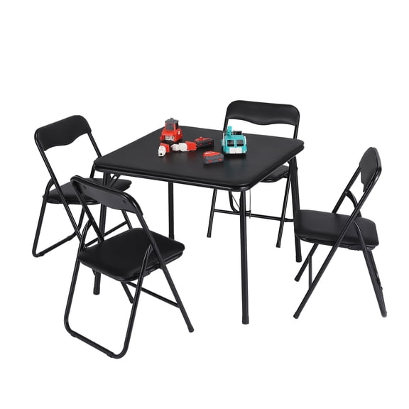 5 Piece Foldable Table and Chair Set, Portable Upholstered Card Table & Chair, Metal Frame Folding Children Activity Set for Dining Room, Playroom, Living Room, Black