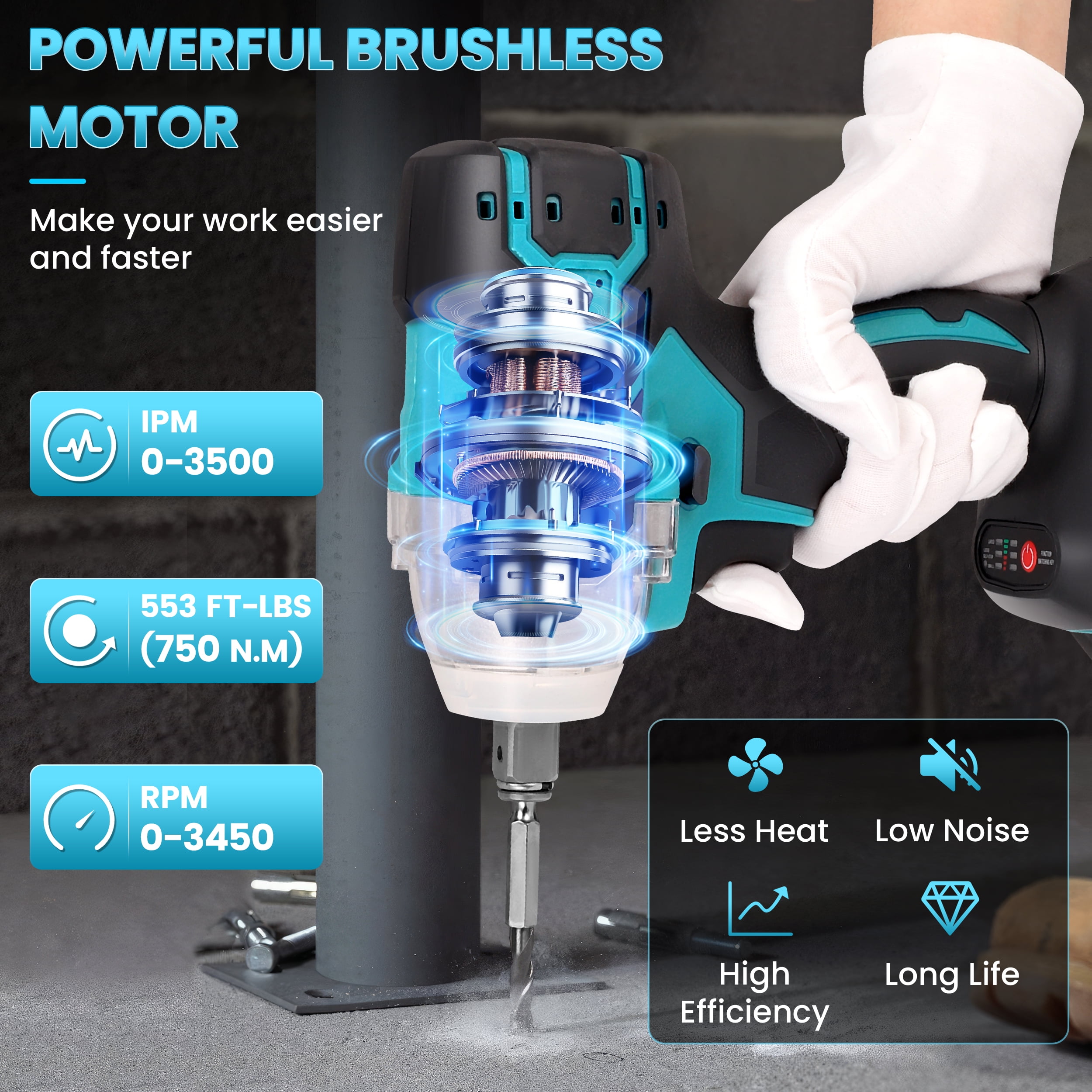 RELOIVE Cordless Impact Wrench 1/2", 553ft-lbs (750N.m) High Torque Impact Wrench with 2x 4.0Ah Batteries Brushless Motor Electric Impact Gun Impact Driver for Car Home