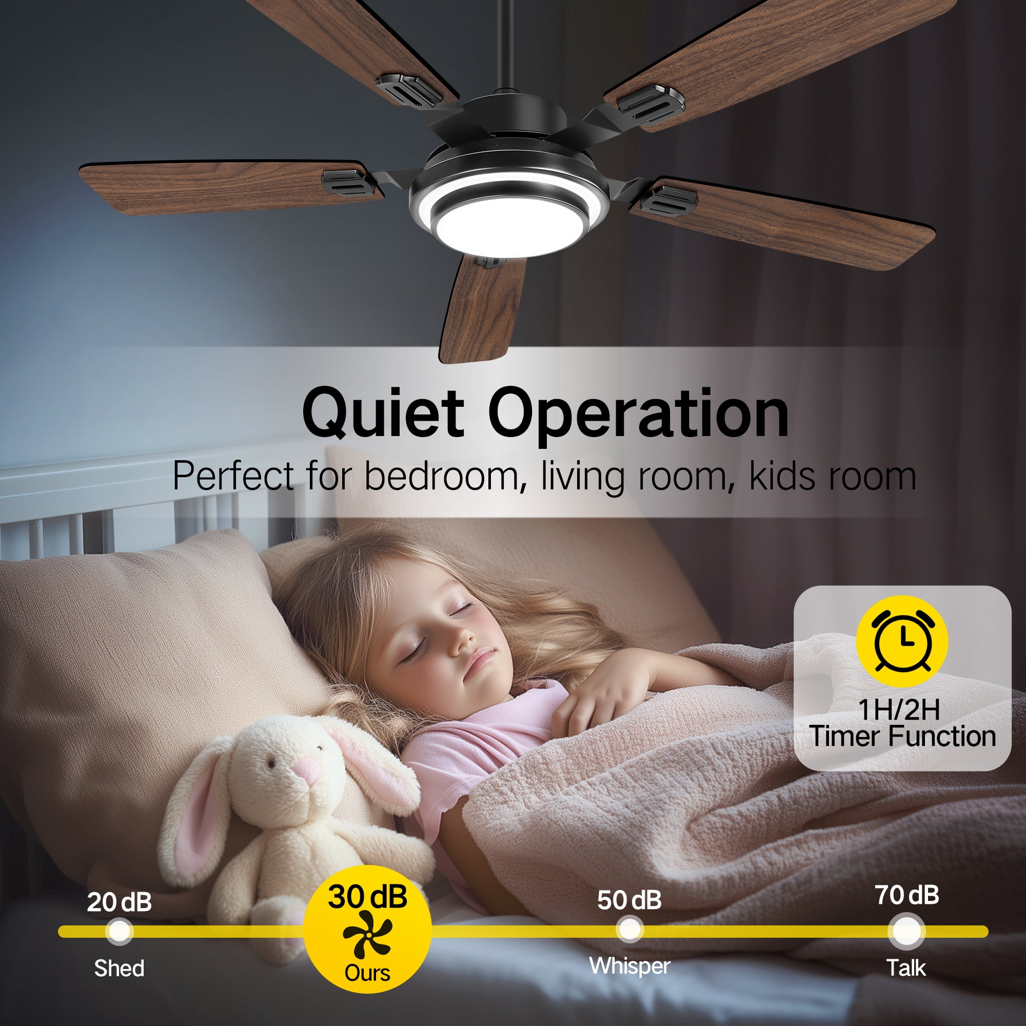 OUTON 52" Ceiling Fans with Light Remote Control, Flush Mount, 5 Blades,Reverse DC Motor Quiet Ceiling Fans, Dimmable Modern Ceiling Fan for  Living Room, Bedroom,Walnut