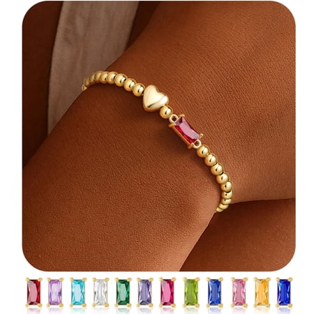 Turandoss January Birthstone Heart Bracelets for Women Dainty 14K Gold Plated Red Created Garnet Birthstone Bracelet Trendy Birthday Gifts for 5 6 7 8 9 10 11 12 13 14 15 16 Teen Girls Jewelry