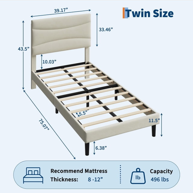 Kojooin Bed Frame with Headboard, Upholstered Platform Bed with Sturdy Wood Slats, No Box Spring Needed