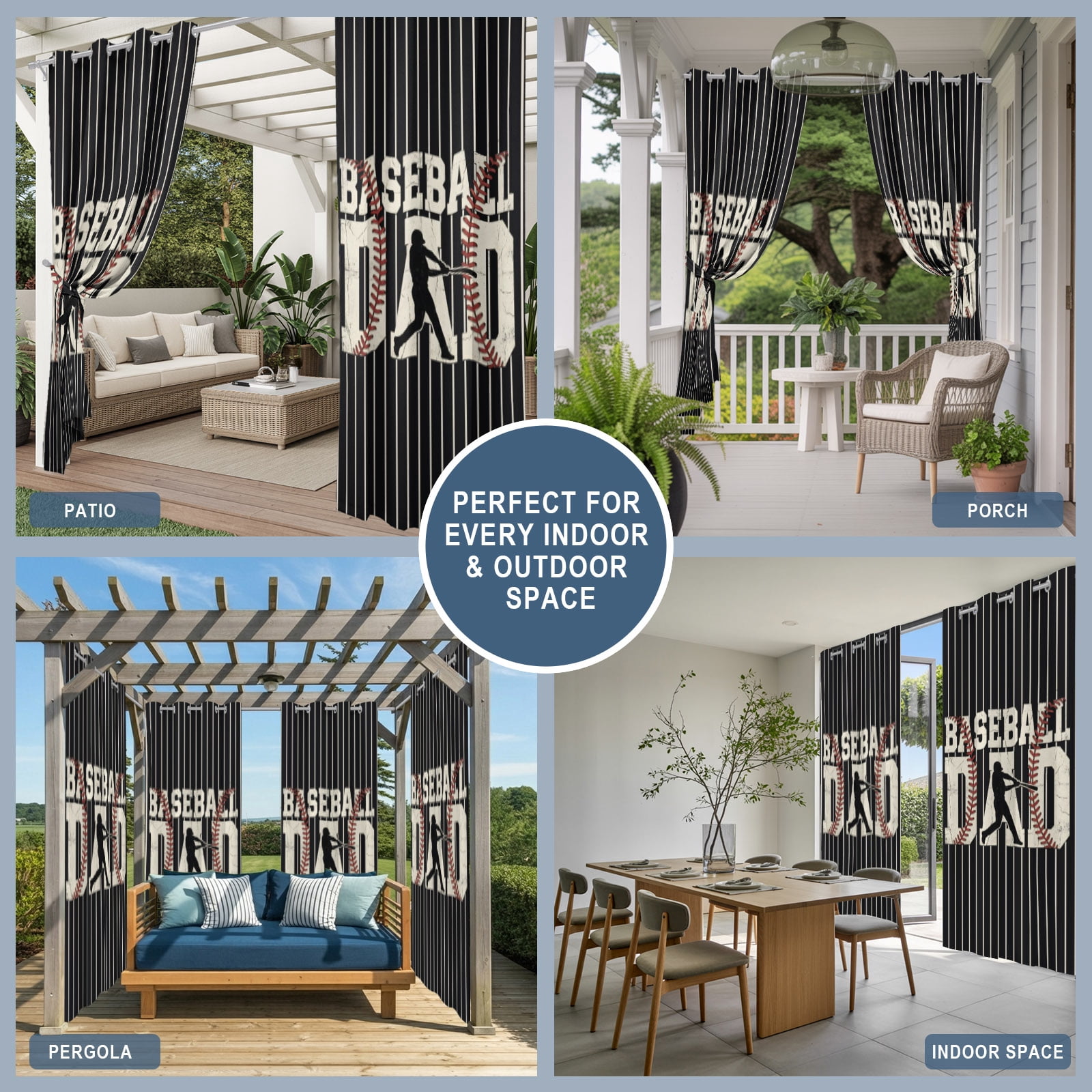 Baseball Dad Outdoor Curtains for Patio, Father's Day Strip Sport Black Background Sunshade Privacy Drapes Grommet Waterproof Outside Curtains for Porch/Cabana/Balcony 54"x 108", 1 Panel