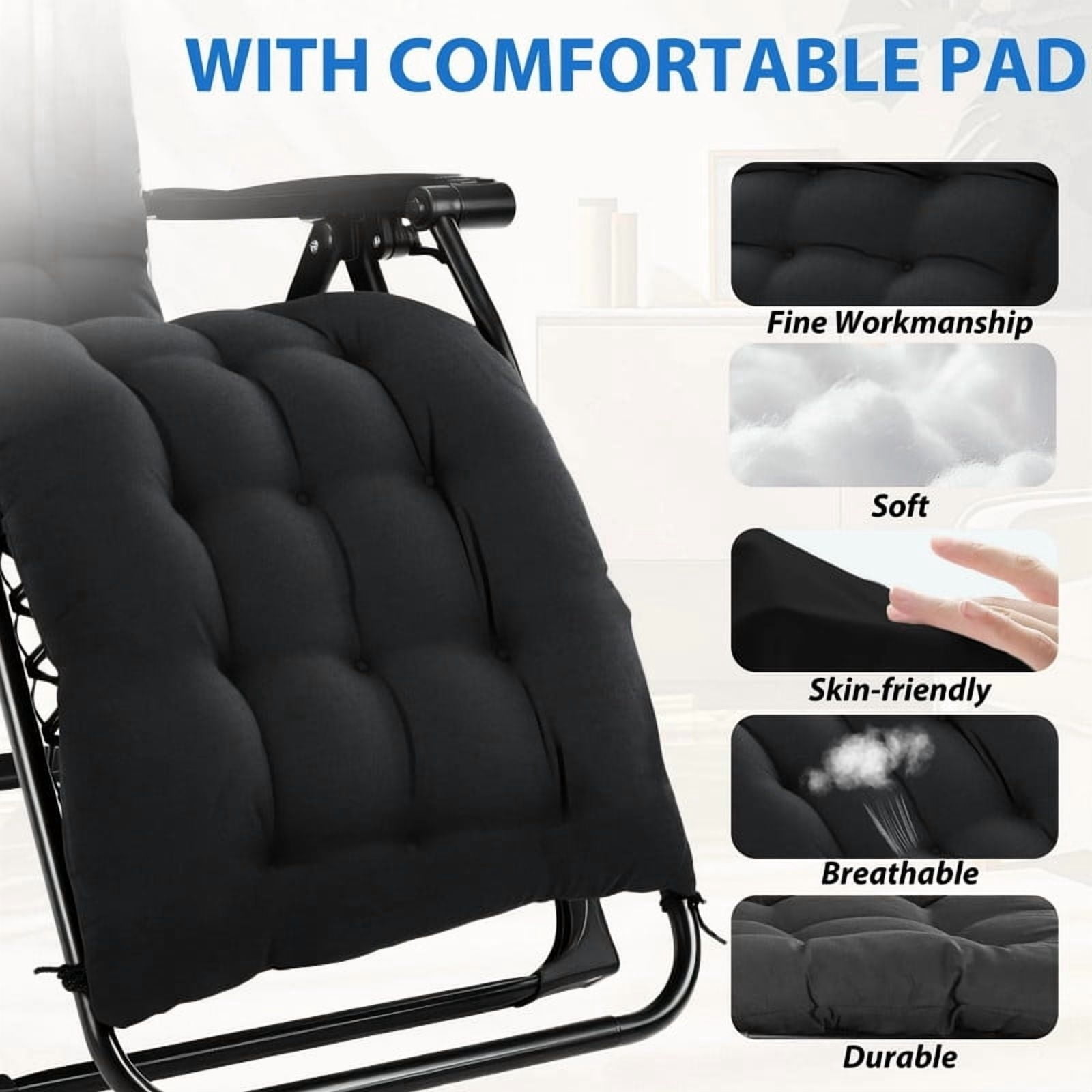 Kelno Padded Recliner Chair Zero Gravity Camping Chair Holder Trays Outdoor Portable Patio Lounge Chair with Removable Cushion Headrest Cup, Black