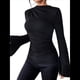 thumbnail image 3 of Camiseta Básica con Cuello Alto Fruncido y Mangas Largas con Volantes para Mujer Negro M, 3 of 9