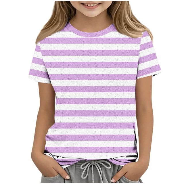 Zpanxa T Shirts for Girls Solid Color Round Neck Loose Fit Print Pattern Top Polyester Spandex 11-12 Years