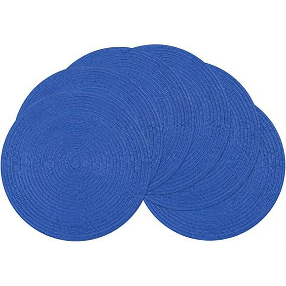 Nvzi Juego de 6 manteles individuales redondos lavables de 15 pulgadas, manteles individuales trenzados de algodón y poliéster para mesa de comedor (azul, 6)