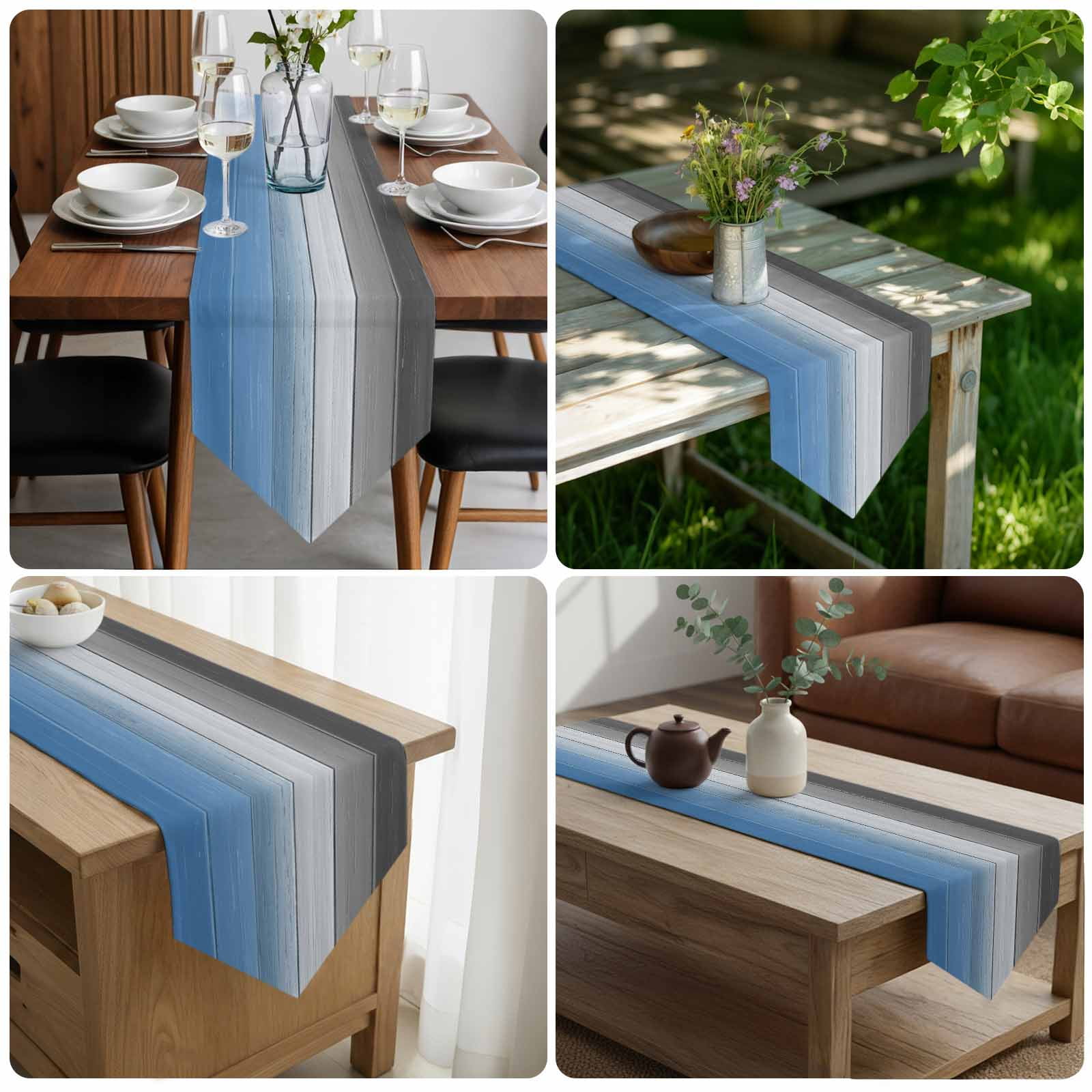 Blue Gray Ombre Table Runner Linen Burlap Table Runner 36 Inches Small Vintage Country Wooden Dresser Scarves for Kitchen Island Coffee Dining Room Party Wedding Banquet Holiday Decoration 13"x36"