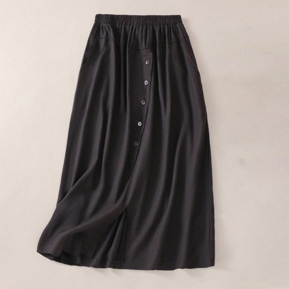 Xunlbb Long Skirts for Women, Women's Summer Comfort Fashion Solid Color Elastic Waist Button Vent Pocket Skirt, Size M-2XL