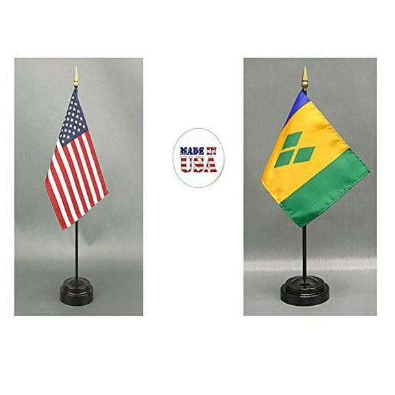 Made in The USA. 1 American and 1 St. Vincent & Grenadines Rayon 4"x6" Miniature Office Desk & Little Hand Waving Table Flag, Includes 2 Flag Stands & 2 Small 4"x6" Mini Stick Flags