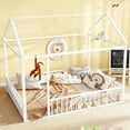 thumbnail image 2 of Bellemave Full Size Montessori House Bed, Metal Floor Bed with Guardrails and Roof, Playhouse for Kids Teens Girls Boys (White), 2 of 8