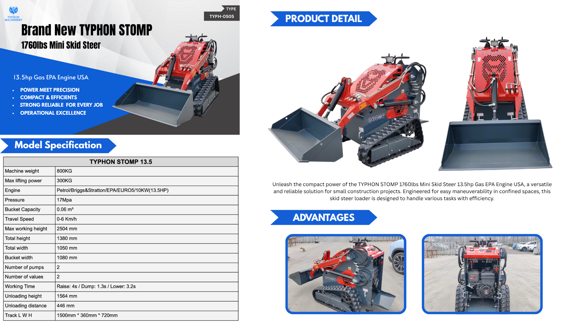 TYPHON STOMP 1,760 lbs Mini Skid Steer Loader with 13.5hp Gas Engine