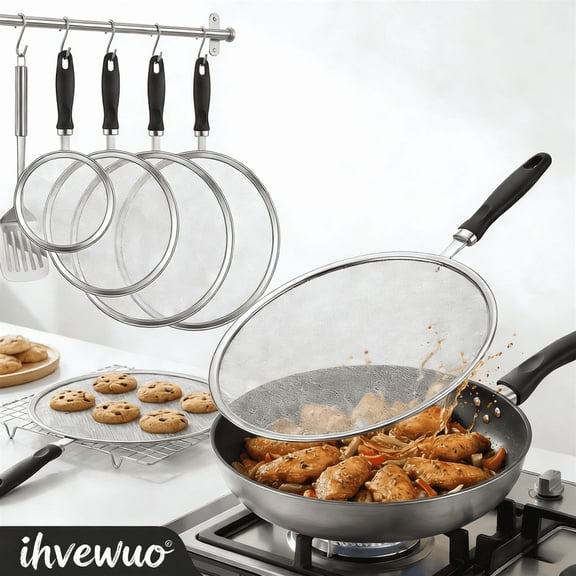 Ihvewuo 4 Pack Stainless Steel Splatter Guard Set (13", 11.4", 9.8", 7.4") - Fine Mesh Splatter Screens with Comfort Grip Handles - Grease & Oil Guard for Frying Pans, Cooking Pots & Skillets