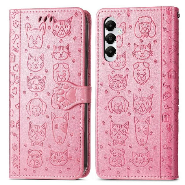Funda Cartera FOXDOCK para Samsung Galaxy A05S , Flip PU con Relieve de Gatos y Perros, Tarjetero y Soporte