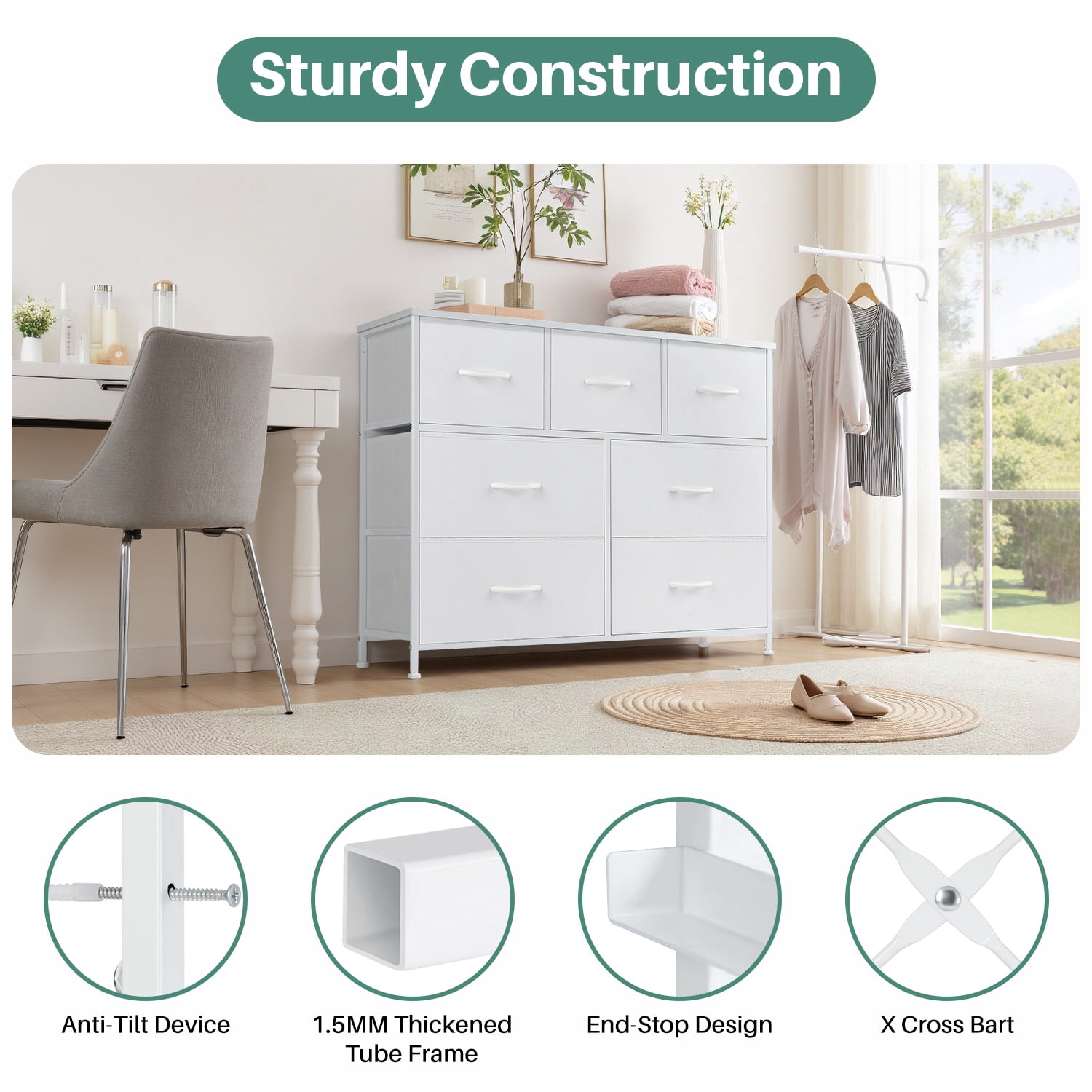 TINKLE WELL Wide 7 Drawer Fabric Dresser, Soft Storage Unit with Bins for Clothes, Toys, Linens, Fits Bedroom, Living Room, Hallway, White