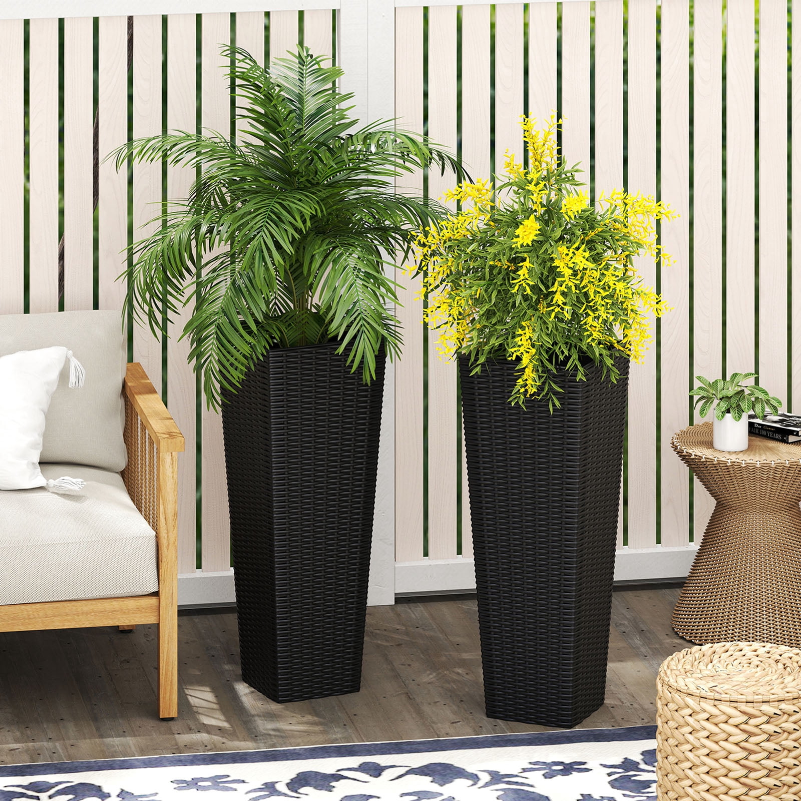 Patiojoy Set of 2 Planters for Outdoor Plants Tall Tapered Plants w/Inner Trays Drainage Holes Black