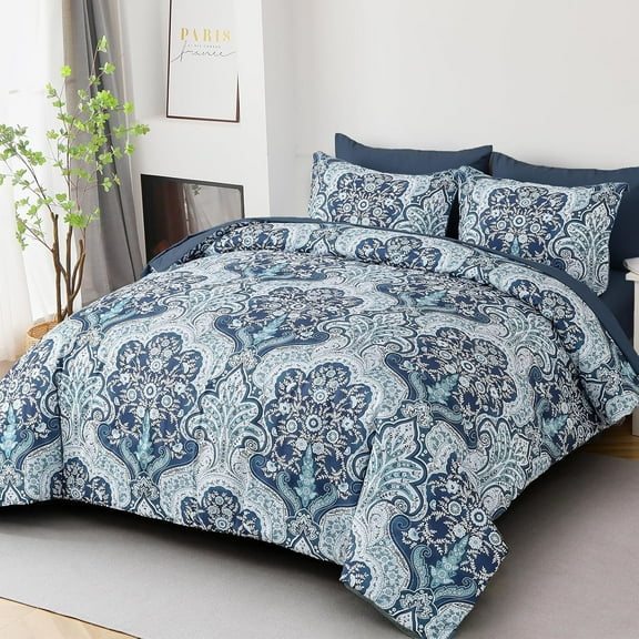 Paisley Comforter Set Queen Size, 7 Pieces Bed in a Bag Blue Boho Comforter, Soft Lightweight Microfiber Bedding Set (1 Comforter, 1 Flat Sheet, 1 Fitted Sheet, 2 Pillow Shams, 2 Pillowcases)