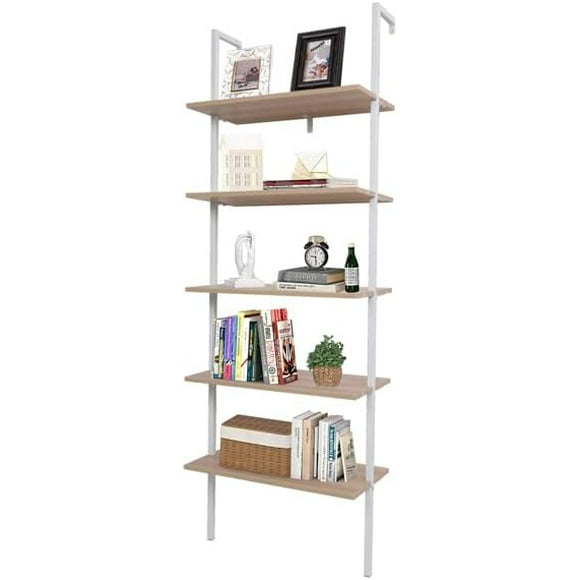 5-Shelf Wood Ladder Bookcase with Metal Frame, Industrial 5-Tier Modern Ladder Shelf Wood Shelves,Walnut