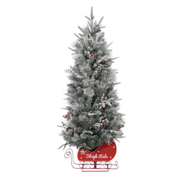2-piece set: 3-ft artificial christmas tree con 78 LED lights, pre-lit, snow flocked, holiday sleigh shape base, red berry clusters, y pine cones