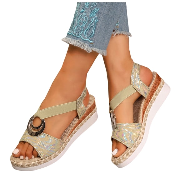 Rokment Women's Sparkling Sequin Platform Wedge Dressy Sandals 2026 Beach Summer Casual Buckles Leather Breathable Linen Sole Comfortable Espadrilles High Heel Walking Dress Shoes Beige Size 6.5