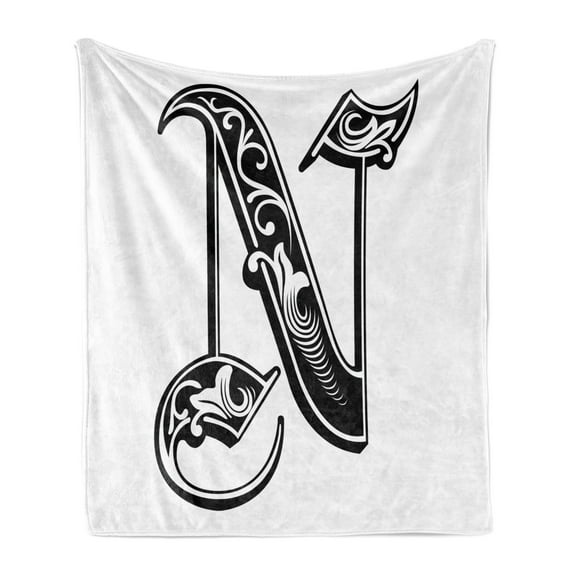 Letter N Soft Flannel Fleece Blanket, Gothic Victorian Style Typography Classic Capital Character N with Floral Swirls, Cozy Plush for Indoor and Outdoor Use, 60" x 80", Black White, by Ambesonne