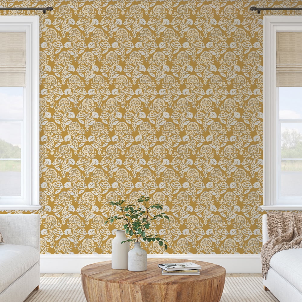 Tempaper Floral Damask Ochre Peel and Stick Wallpaper, 20.5" x 16.5'