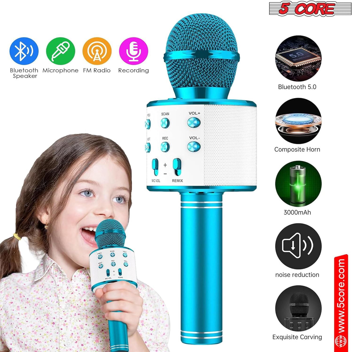 5CORE Bluetooth Wireless Karaoke Microphone, 2Pcs, Pink, Blue