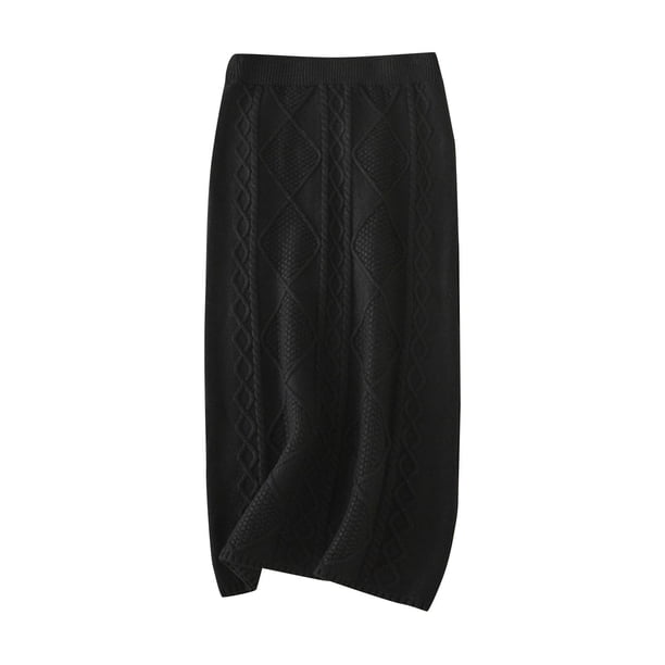 Gibobby ganchos para faldas con pinzas Falda de punto de lana gruesa de otoño e invierno para mujer, falda larga recta a la cadera torcida(Negro, Talla única)